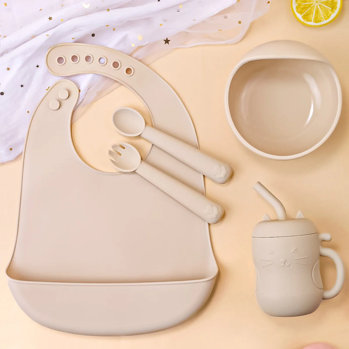 Baby Feeding Set Silicone Bowl Plate Bib Cup Utensils