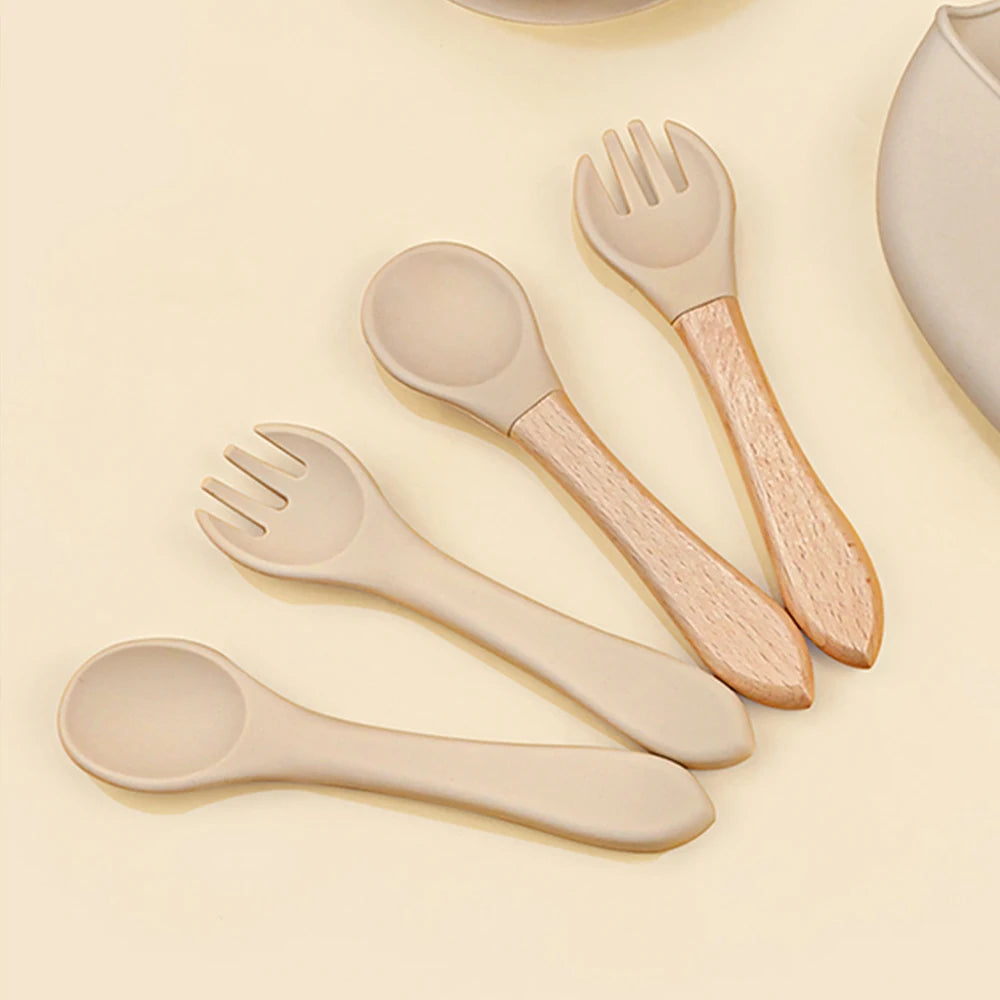 Baby Spoon Fork Set Silicone and Wooden Handle Utensils