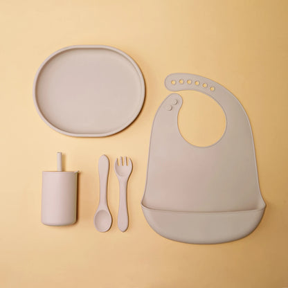 Baby Tableware Set Silicone Bowl Plate Spoon Fork Bib Cup