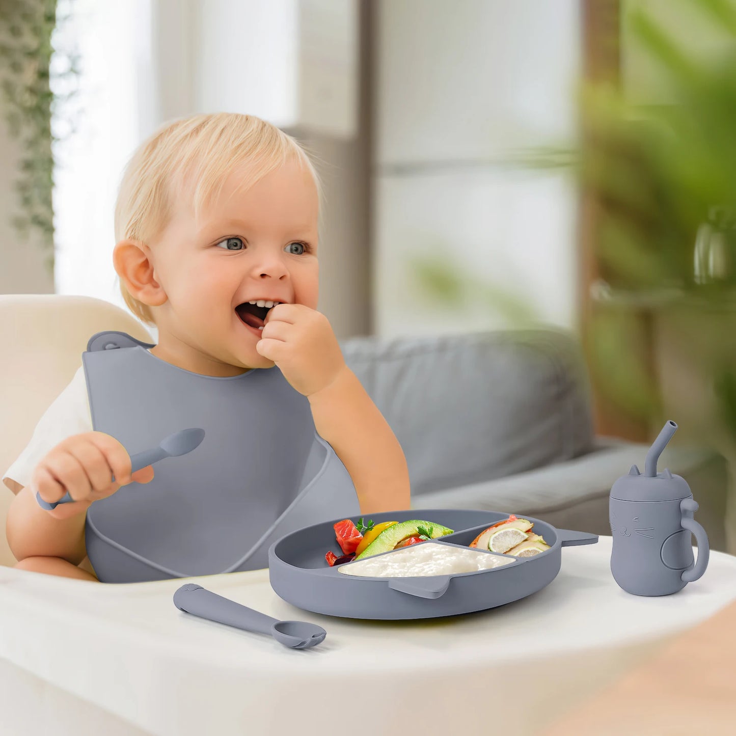 Toddler Feeding Set Silicone Cat Plate Spoon Fork Bib Cup