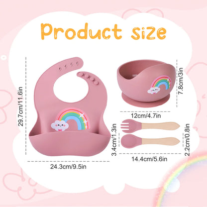 Silicone Baby Bowl Spoon Fork Set with Bib Feeding Essentials
