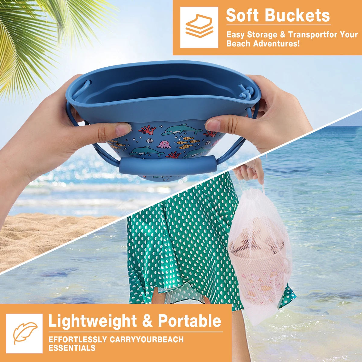 Silicone Beach Toy Set with Bucket Shovel and Sand Molds