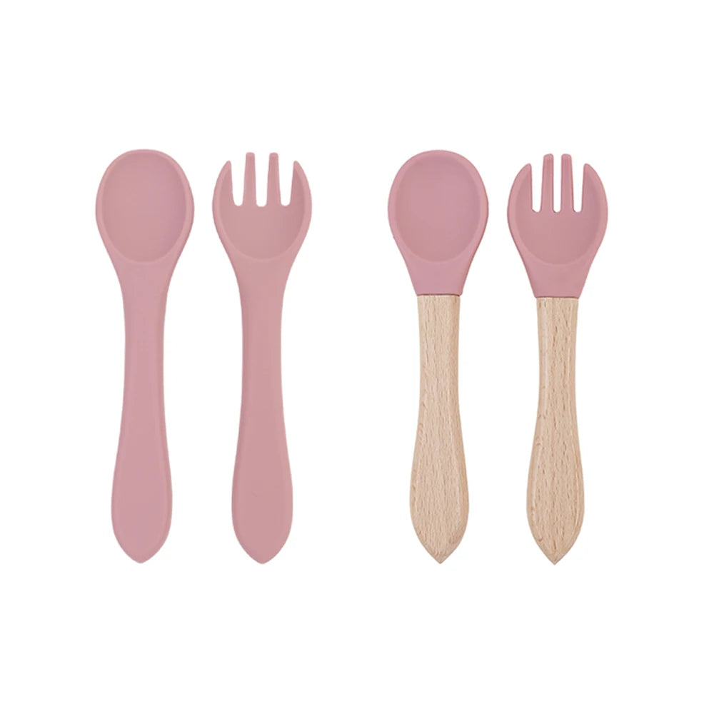 Baby Spoon Fork Set Silicone and Wooden Handle Utensils