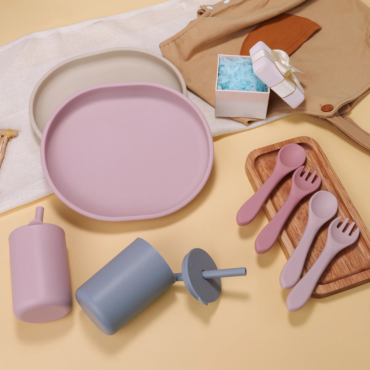 Baby Tableware Set Silicone Bowl Plate Spoon Fork Bib Cup