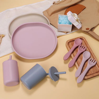 Baby Tableware Set Silicone Bowl Plate Spoon Fork Bib Cup