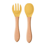 Mini Baby Spoon Fork Set Silicone Wooden Print Utensils