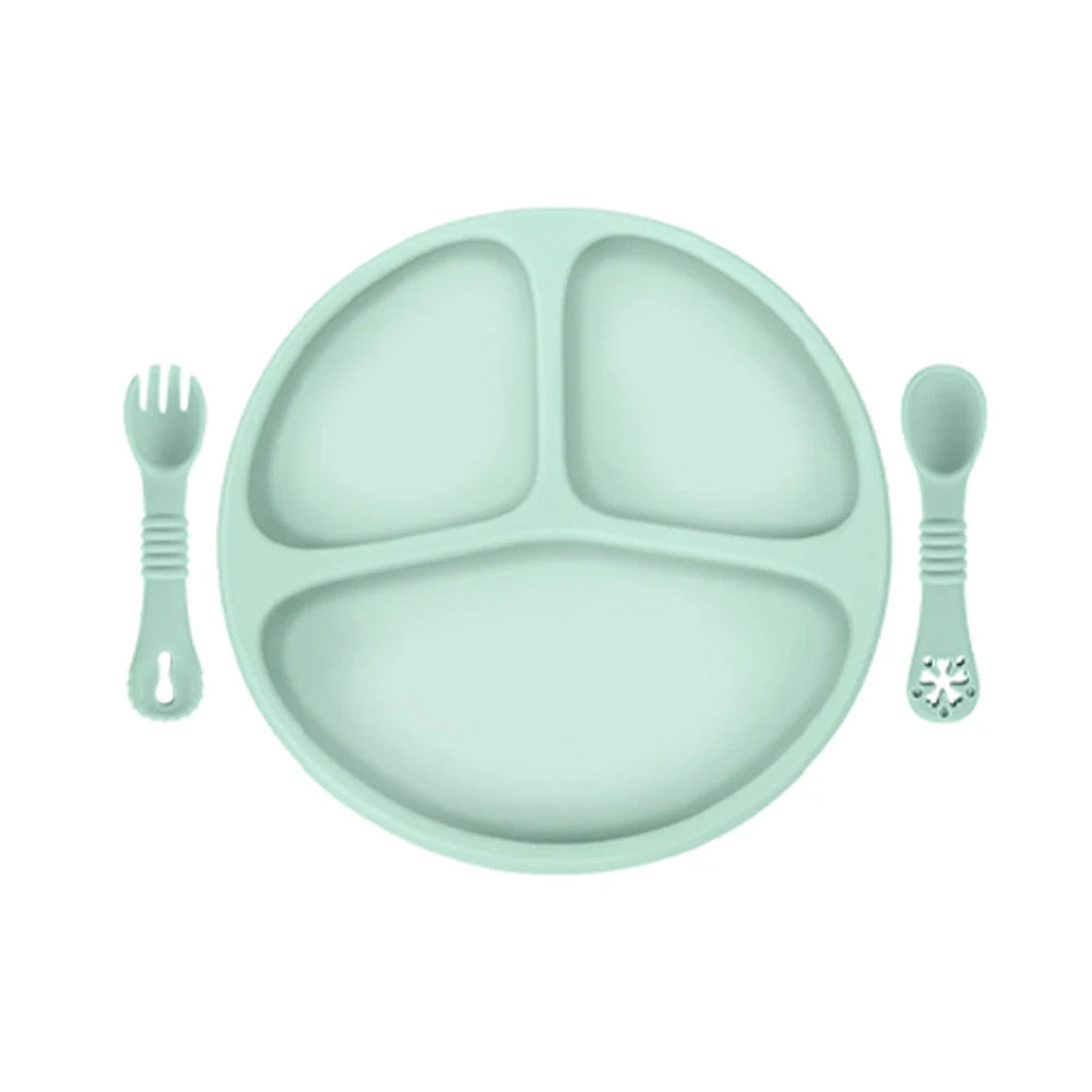 Baby Silicone Dinner Plate with Wooden Handle Spoon Fork