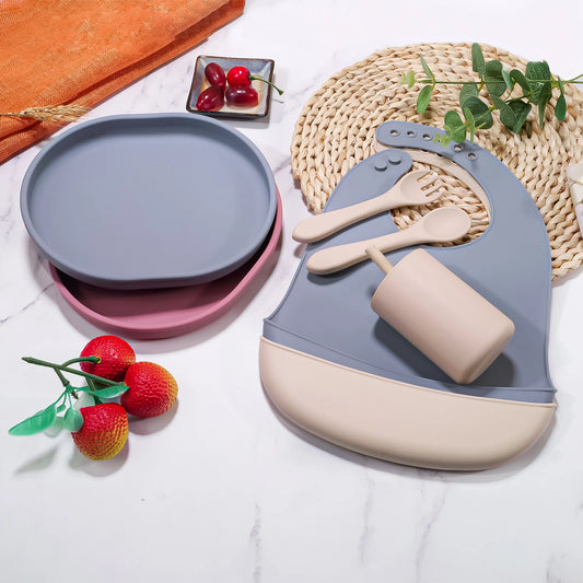 Baby Tableware Set Silicone Bowl Plate Spoon Fork Bib Cup