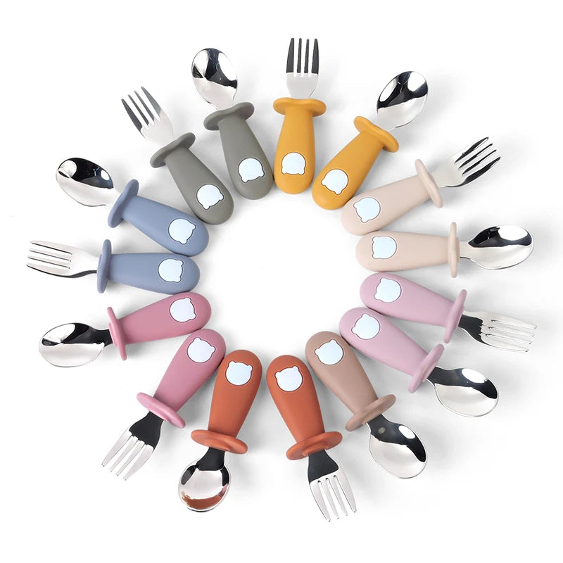 Baby Spoon Fork Set Silicone Handle Stainless Steel Utensils