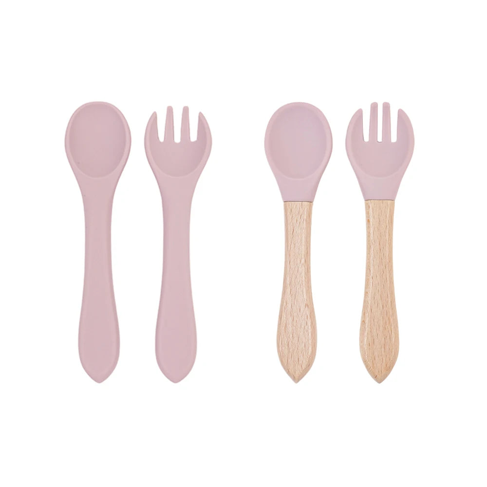 Baby Spoon Fork Set Silicone and Wooden Handle Utensils