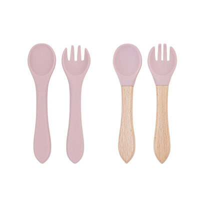 Baby Spoon Fork Set Silicone and Wooden Handle Utensils