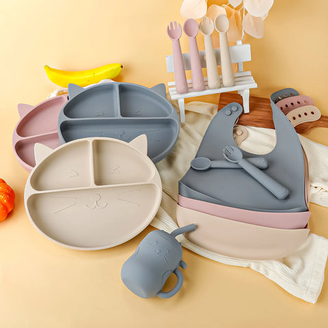 Toddler Feeding Set Silicone Cat Plate Spoon Fork Bib Cup