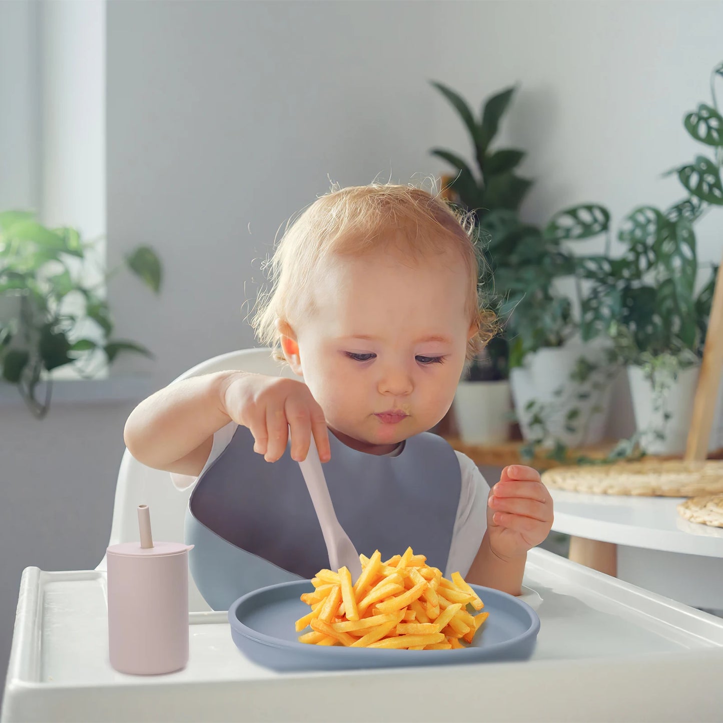 Baby Tableware Set Silicone Bowl Plate Spoon Fork Bib Cup