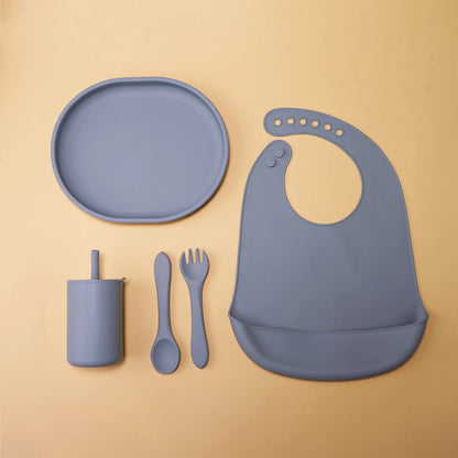 Baby Tableware Set Silicone Bowl Plate Spoon Fork Bib Cup