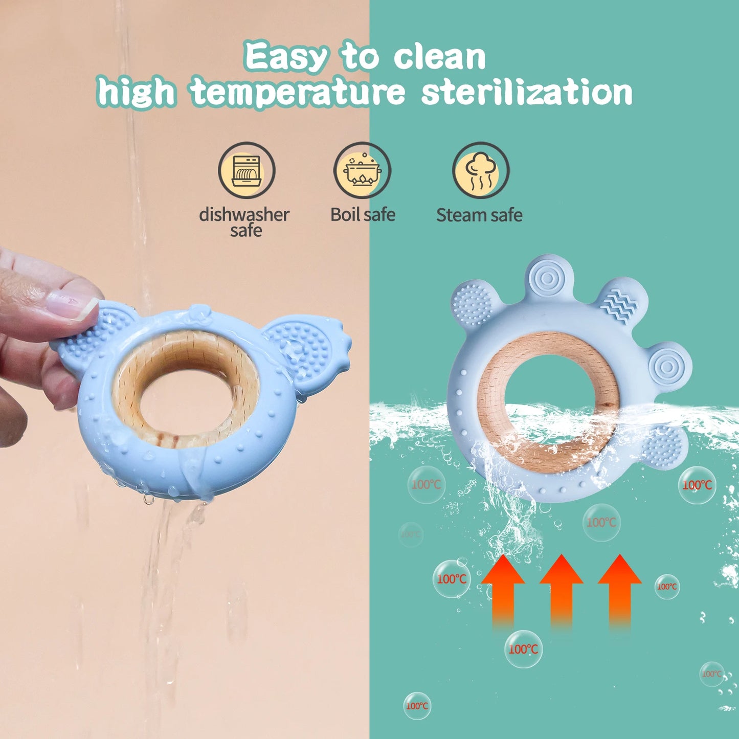 Baby Silicone Frog and Deer Wooden Teether Pendant