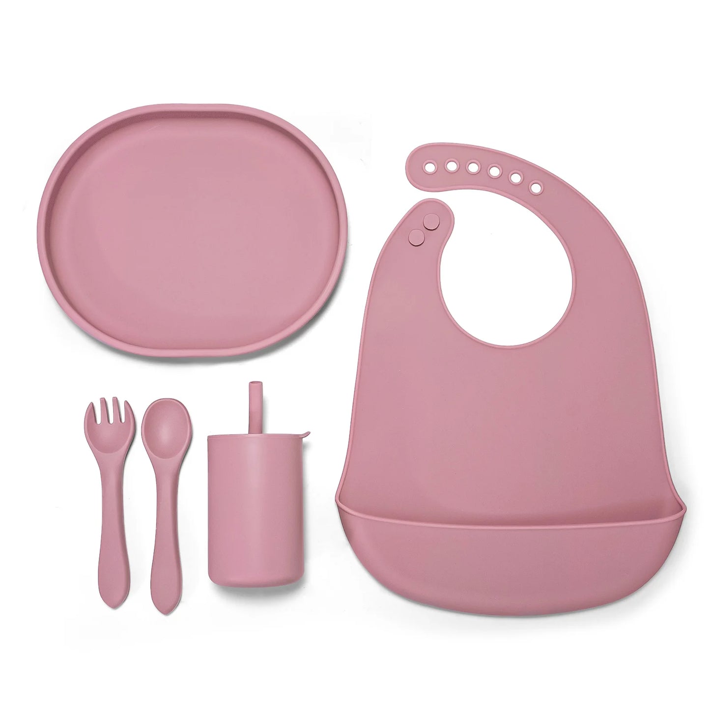 Baby Tableware Set Silicone Bowl Plate Spoon Fork Bib Cup