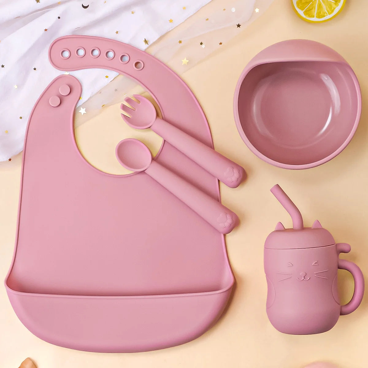 Baby Feeding Set Silicone Bowl Plate Bib Cup Utensils
