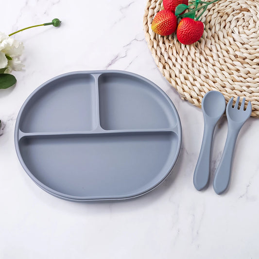 Baby Dinner Plate with Wooden Handle Spoon Fork Set