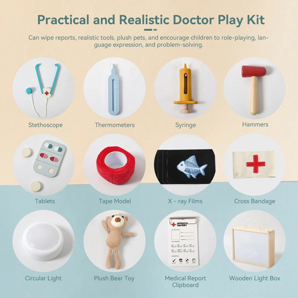 Wooden Doctor and Nurse Role Play Toy Set with Stethoscope