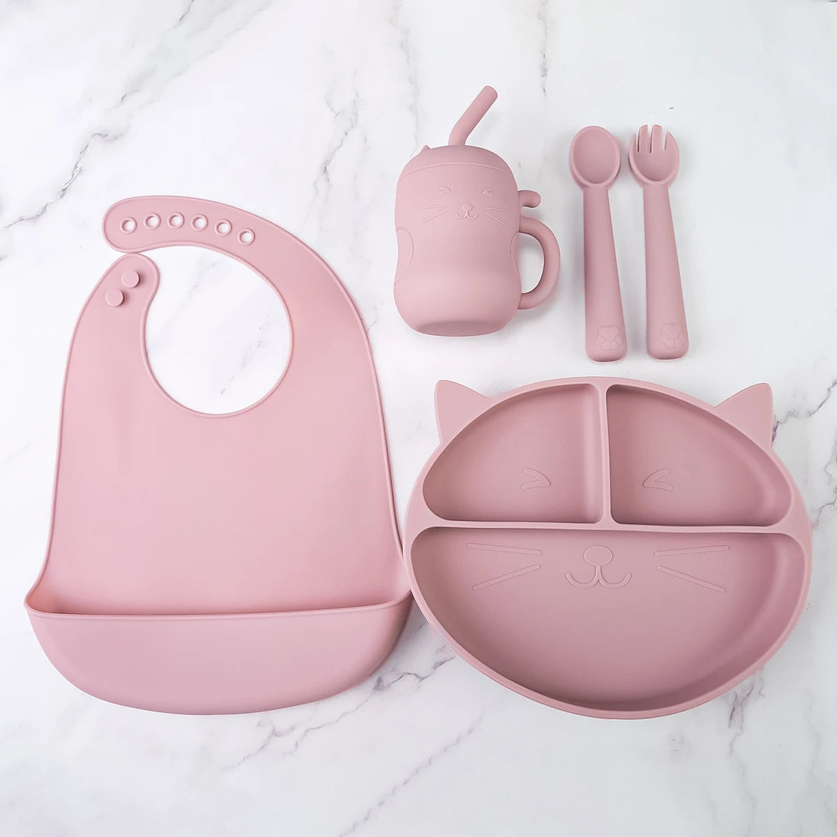 Toddler Feeding Set Silicone Cat Plate Spoon Fork Bib Cup