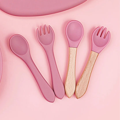 Baby Spoon Fork Set Silicone and Wooden Handle Utensils