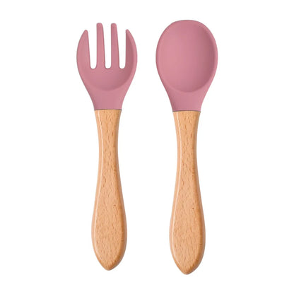 Mini Baby Spoon Fork Set Silicone Wooden Print Utensils