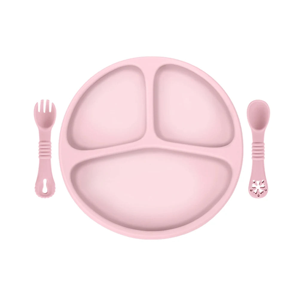 Baby Silicone Dinner Plate with Wooden Handle Spoon Fork
