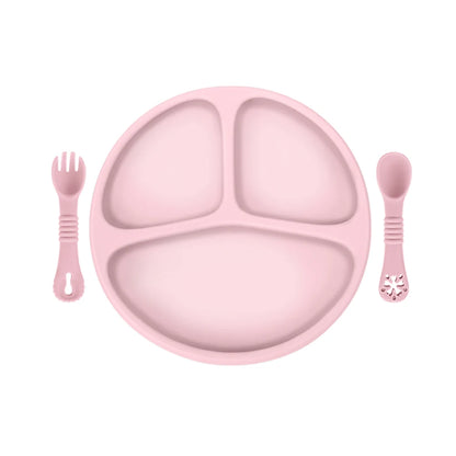 Baby Silicone Dinner Plate with Wooden Handle Spoon Fork