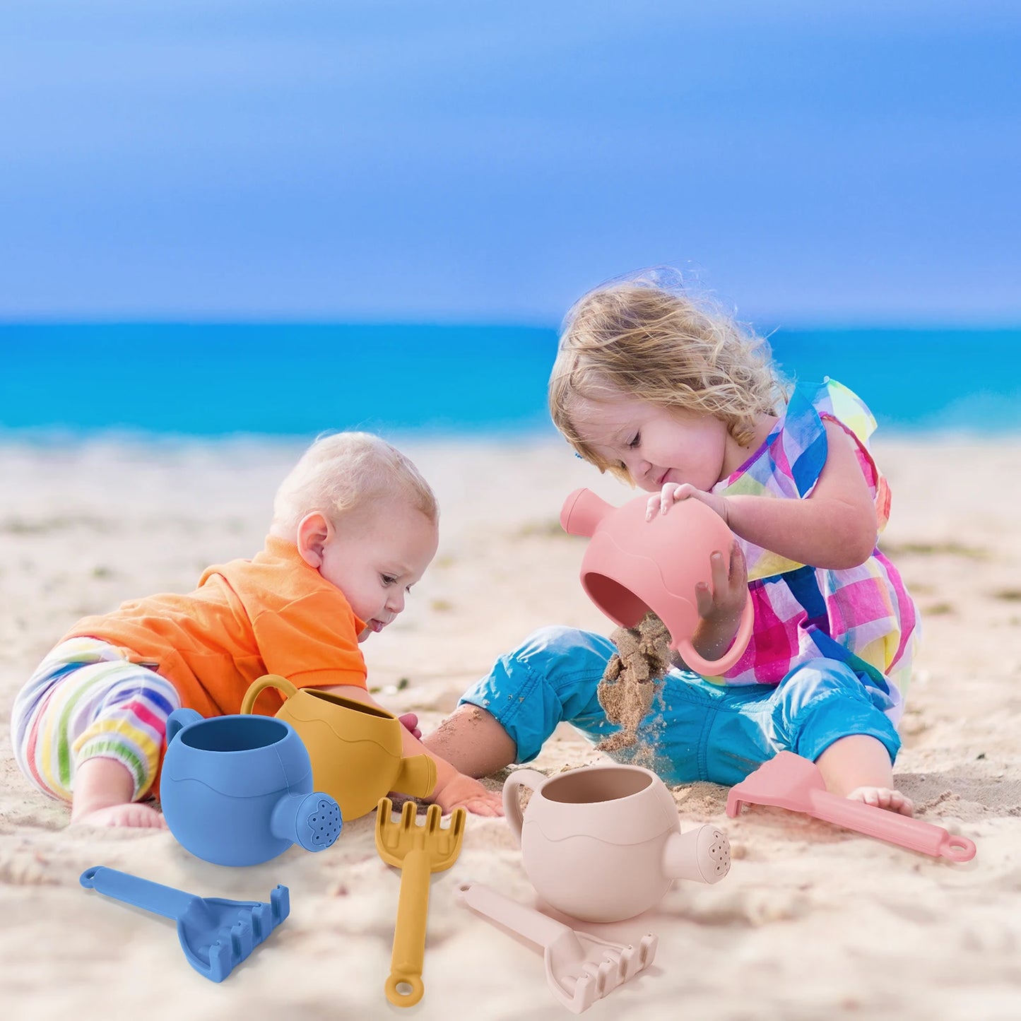 Silicone Beach Sand Toy Set with Bucket Shovel and Rake