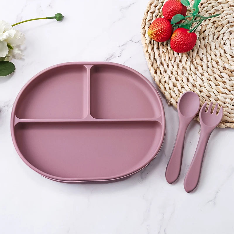 Baby Dinner Plate with Wooden Handle Spoon Fork Set