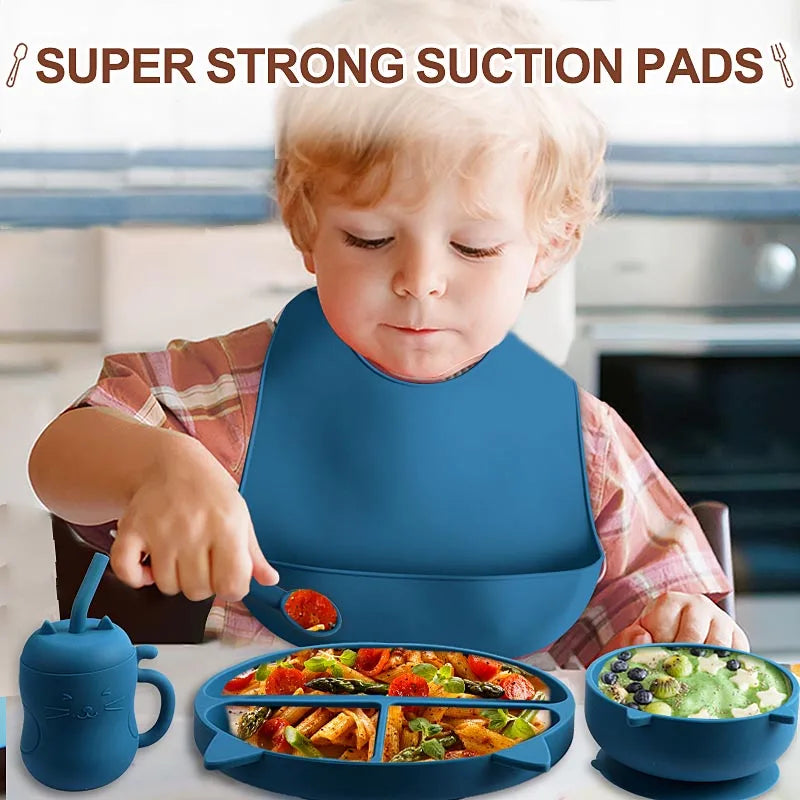Baby Tableware Set Silicone Feeding Plate Bowl Spoon Fork