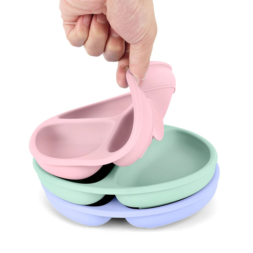 Baby Silicone Dinner Plate with Wooden Handle Spoon Fork