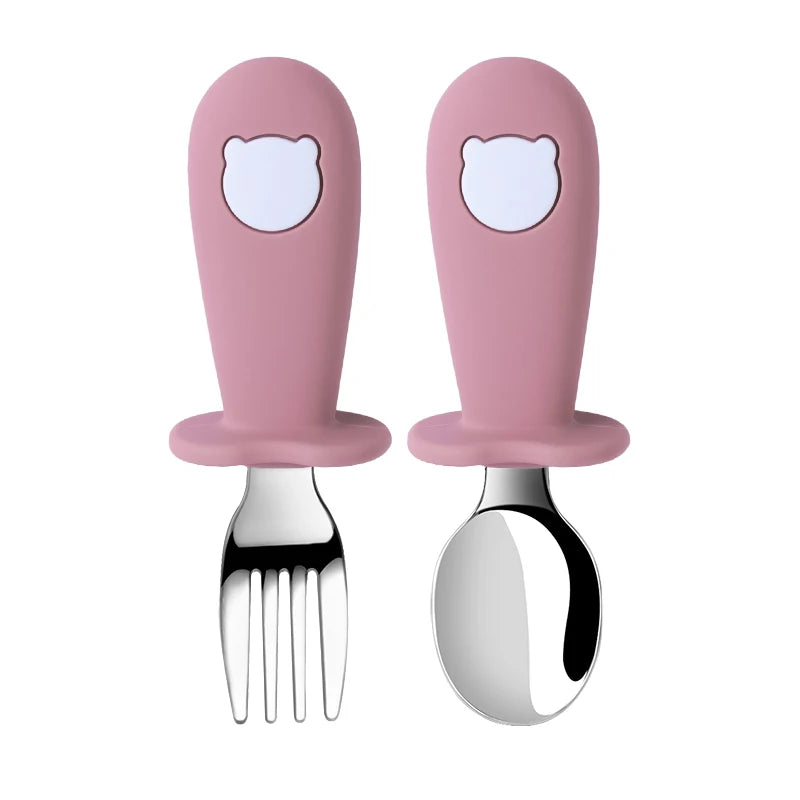 Baby Spoon Fork Set Silicone Handle Stainless Steel Utensils