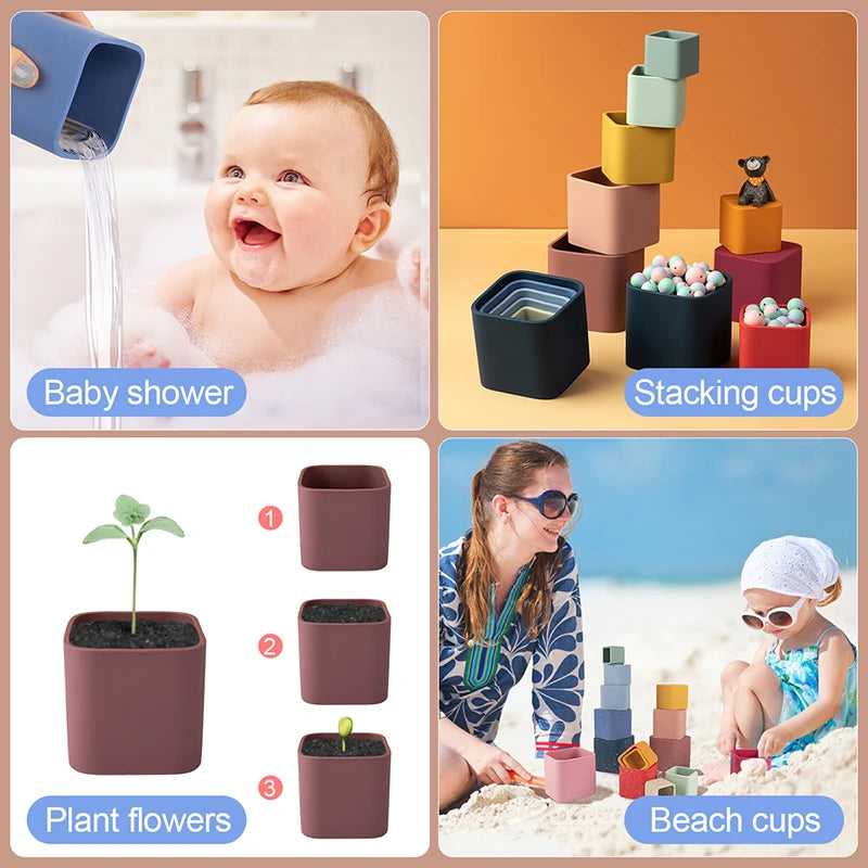 Silicone Stacking Cups Educational Bath Toys for Toddlers