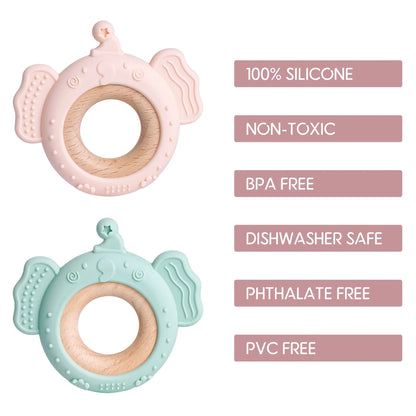 Baby Silicone Frog and Deer Wooden Teether Pendant