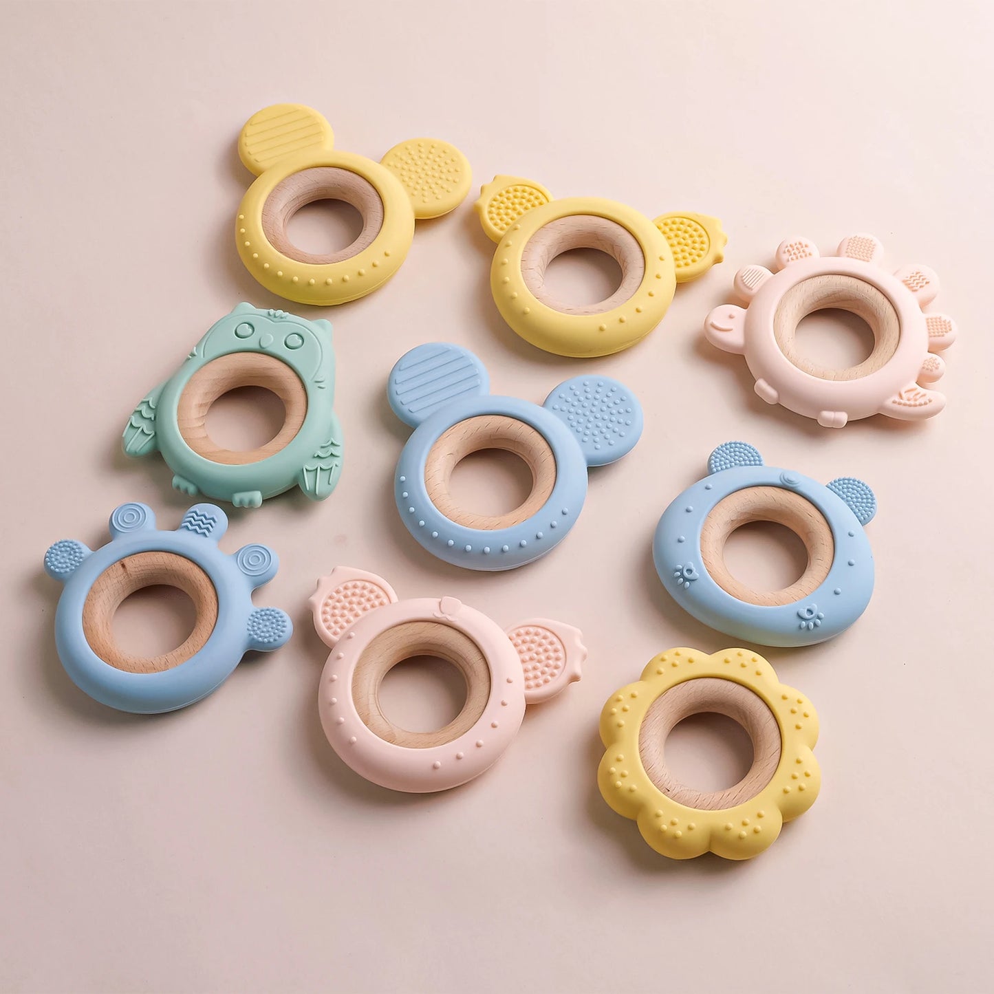 Baby Silicone Owl Teether with Wooden Ring
