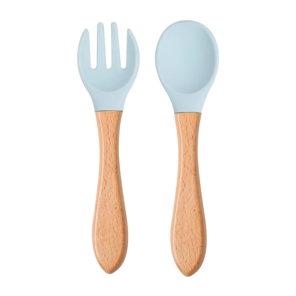 Mini Baby Spoon Fork Set Silicone Wooden Print Utensils