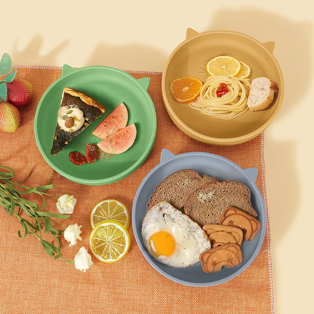 Silicone Baby Plate Cartoon Cat Feeding Bowl Kids Dishes