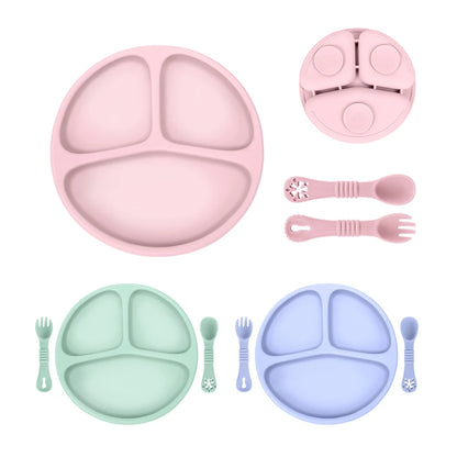 Baby Silicone Dinner Plate with Wooden Handle Spoon Fork