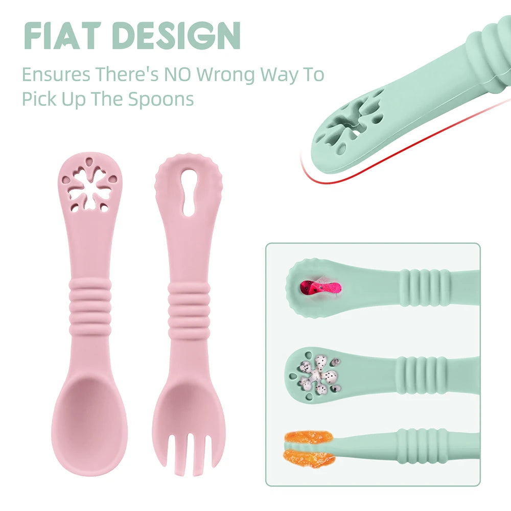 Baby Silicone Dinner Plate with Wooden Handle Spoon Fork