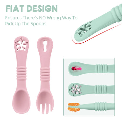 Baby Silicone Dinner Plate with Wooden Handle Spoon Fork