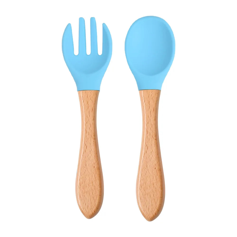 Mini Baby Spoon Fork Set Silicone Wooden Print Utensils