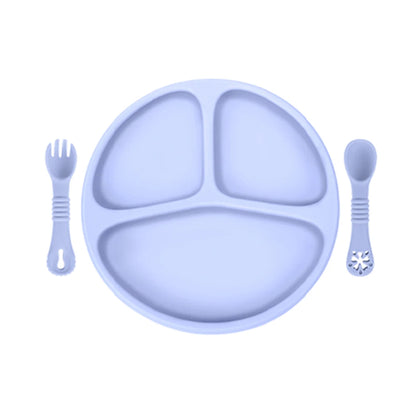 Baby Silicone Dinner Plate with Wooden Handle Spoon Fork