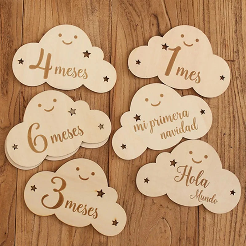 Wooden Baby Milestone Cards Cloud Shape Photography Accessory