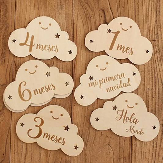 Wooden Baby Milestone Cards Cloud Shape Photography Accessory