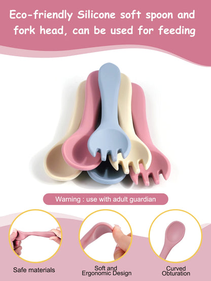 Baby Spoon Fork Set Silicone and Wooden Handle Utensils