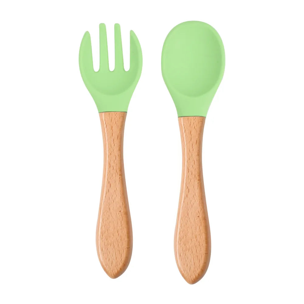 Mini Baby Spoon Fork Set Silicone Wooden Print Utensils