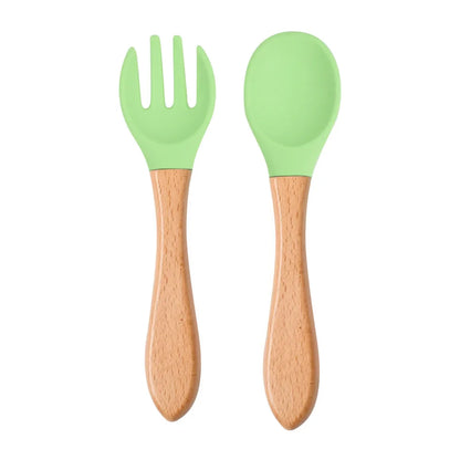 Mini Baby Spoon Fork Set Silicone Wooden Print Utensils