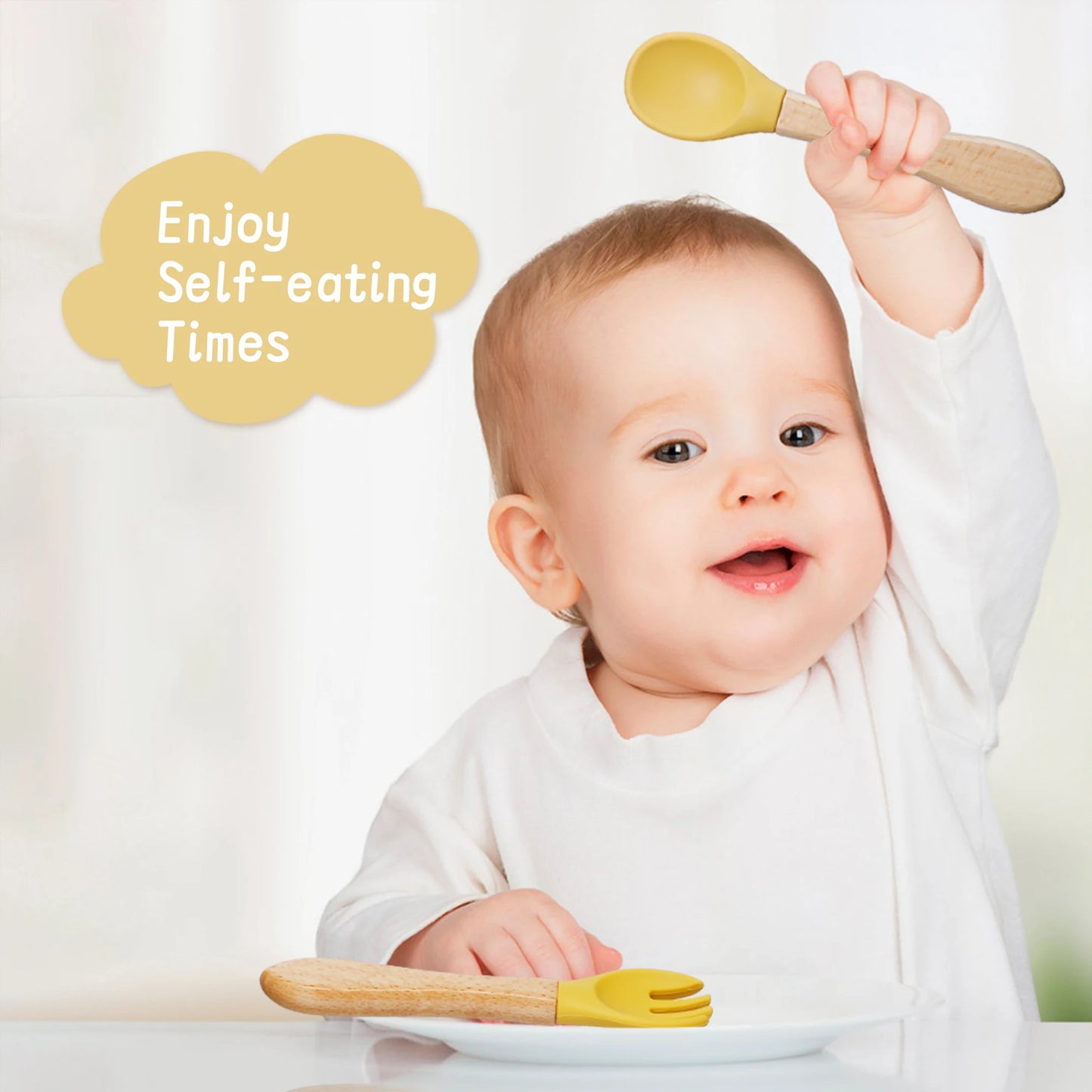 Baby Spoon Fork Set Silicone and Wooden Handle Utensils
