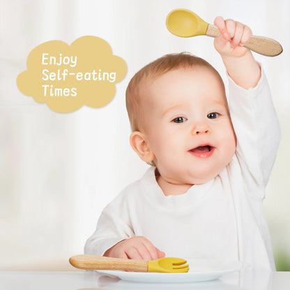 Baby Spoon Fork Set Silicone and Wooden Handle Utensils